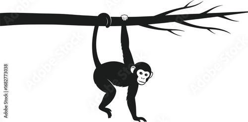 A monkey hanging from a tree branch, a playful primate swinging in jungle