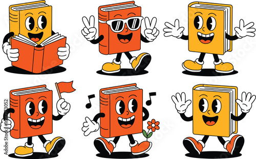 Vintage cartoon book characters in multiple actions