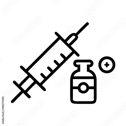 Outline icon of a syringe with a vial and a plus sign representing medical treatment and vaccination