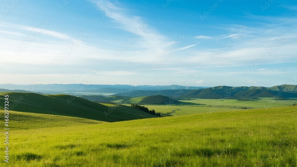 Obraz premium Vast Green Landscape with Rolling Hills Under a Clear Blue Sky