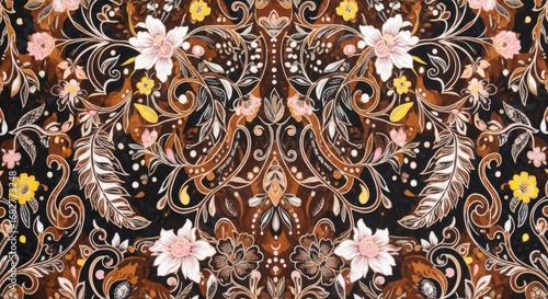 Traditional Malay Batik fabric pattern, floral motif with flowing leaves and curved vines.  
Main colors: brown, black, white background, with details in yellow and pink.