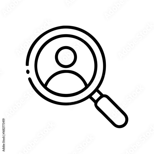 Illustration of a magnifying glass focusing on a person icon in a simple black and white design style