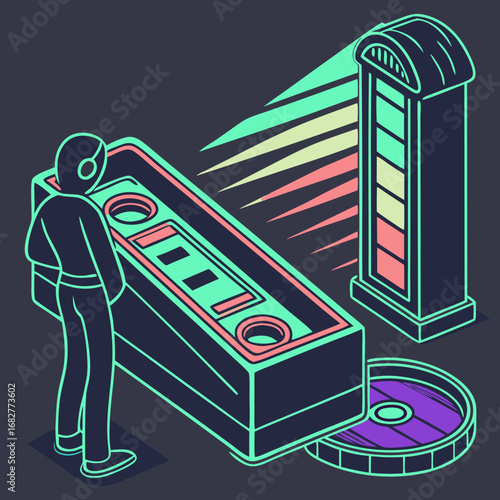 Retro Cassette Tape Player with Person and JukeboxStyle Dispenser.