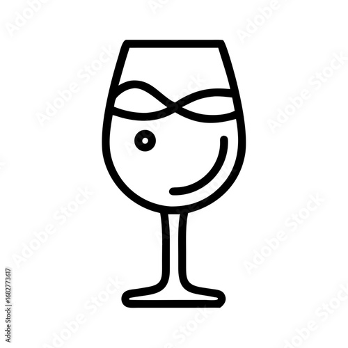 Outline drawing of a wine glass with a liquid level and a smiling face inside the glass illustration