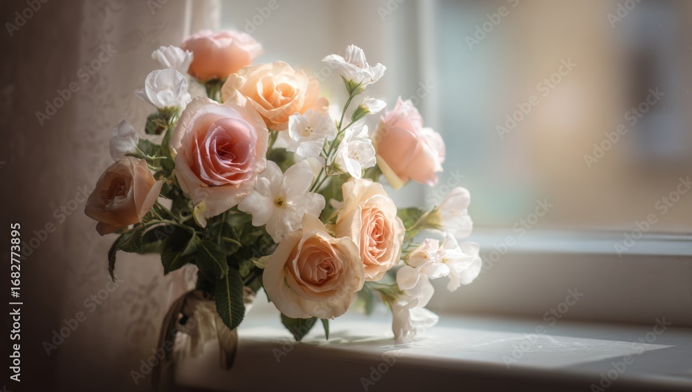 Obraz premium Delicate bouquet of peach and blush roses and small white flowers on a windowsill