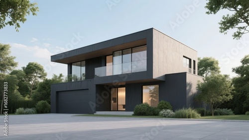 Modern Two-Story House with Large Windows and Minimalist Design