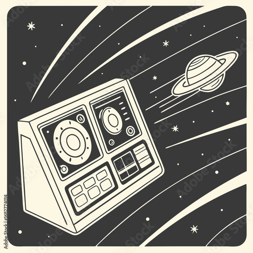 Retro Futuristic Space Control Panel with Controls and Buttons.