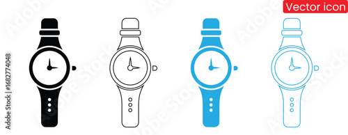 Elegant wrist watch icons in black, blue, and outline styles,watch icon vector illustration logo design,