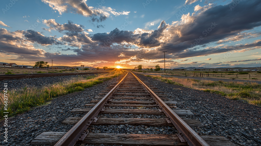Fototapeta premium Railroad tracks stretch toward a vibrant sunset, with clouds painted across the sky, creating a sense of journey and the promise of a new beginning.