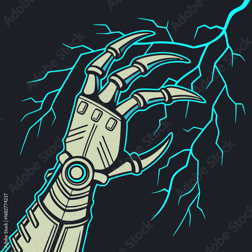 Robotic Claw Hand with Metallic Texture and Sharp Talons Glowing Cyan Energy.