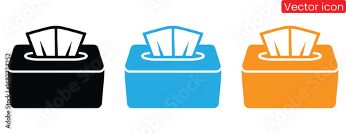 Tissues box icons in black blue orange for hygiene Tissue box icon .Vector symbol for baby wipes pack.Disposable facial napkin and wet towel sign.tissue box icon in black filled and stroke line style