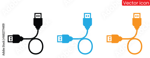 USB cables in black, blue, and orange for technology,Usb port vector set. Type a sign. Lightning symbol. Type c icon. Usb connection isolated on white background.