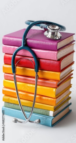 Stack of colorful medical textbooks topped with a stethoscope