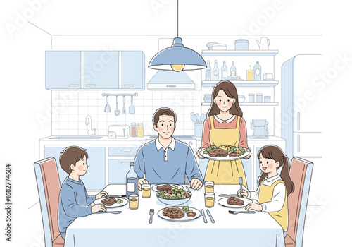 Adobe illustrator artwork vector illustration. A family of four—father, mother, son, and daughter—enjoying a meal together at a dining table. The mother serves food. A cozy kitchen scene