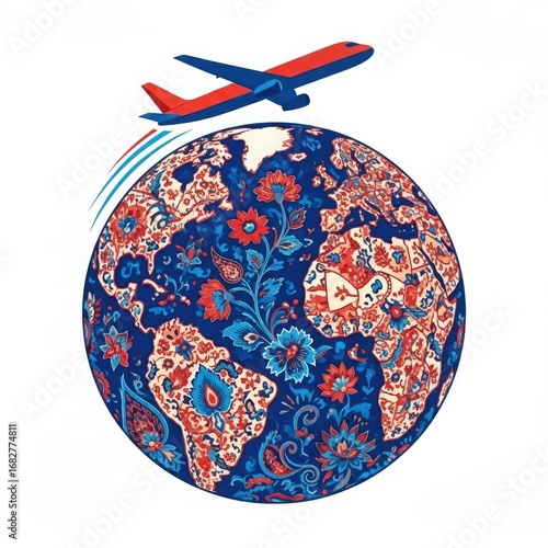 Travel agency logo, airplane flying above a globe decorated with Malay batik paisley floral patterns, bright blue and orange tones, clean vector flat design, modern and adventurous branding.
