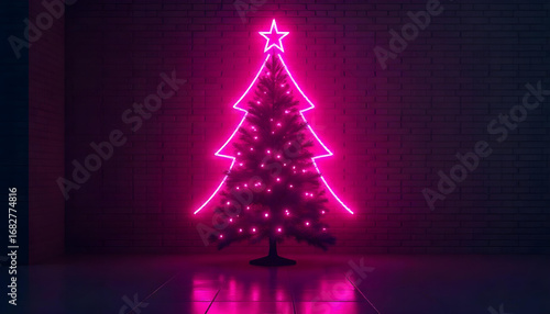 Modern neon pink Christmas tree against a dark brick background