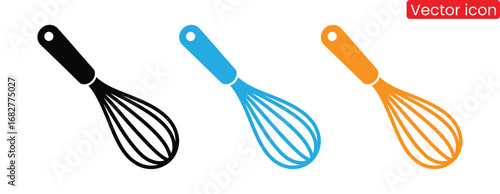 Whisk icons black blue orange kitchen tool cooking baking,Whisk icon vector set. Wisk icons collection. Kitchen utensil whisk icons symbol in line and flat style. Vector illustration