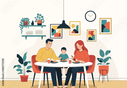 Adobe illustrator artwork vector illustration. A family of three—a father, mother, and son—happily eating a meal together at a round dining table. Cheerful and heartwarming scene
