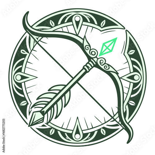 Stylized green bow and arrow with glowing diamond set within an ornate circular frame.