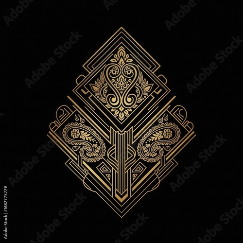 Art Deco inspired emblem with Malay batik paisley floral patterns arranged in symmetrical gold and black lines, luxurious vector design, elegant geometric style.
