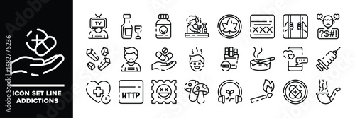 Line Icons Depicting Various Addictions Symbols in Outline Style.
