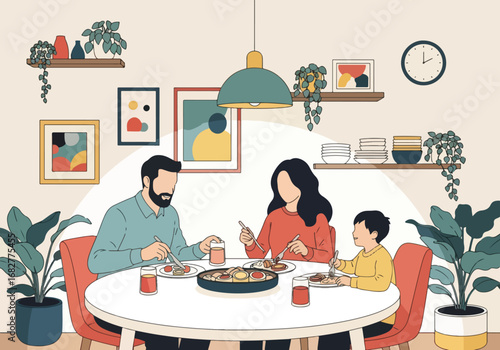 Adobe illustrator artwork vector illustration. A family of three—a father, mother, and son—happily eating a meal together at a round dining table. Cheerful and heartwarming scene
