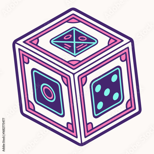 Stylized Isometric Dice with Pink and Teal Accents.