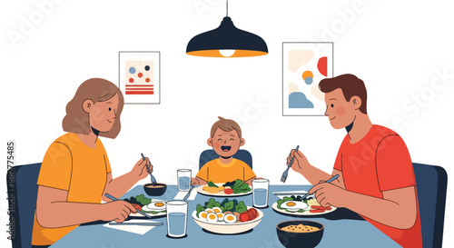Adobe illustrator artwork vector illustration. A family of three—a father, mother, and son—happily eating a meal together at a round dining table. Cheerful and heartwarming scene