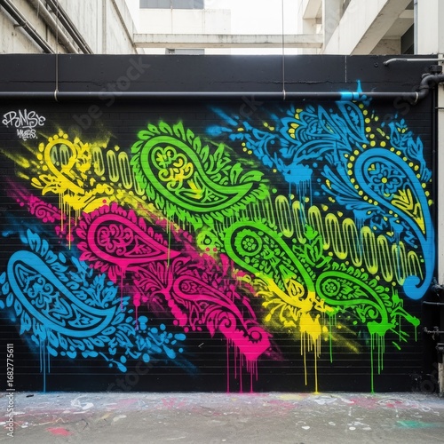 Street art graffiti mural blending Malay batik paisley motifs with bold spray-paint textures, neon colors, vector illustration, urban artistic style.
