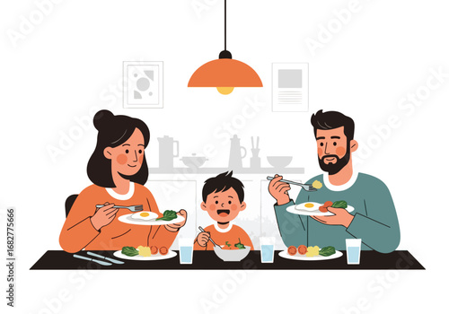 Adobe illustrator artwork vector illustration. A family of three—a father, mother, and son—happily eating a meal together at a round dining table. Cheerful and heartwarming scene