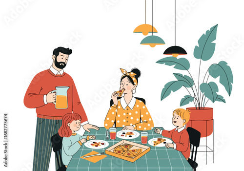 Adobe illustrator artwork vector illustration. A family of four—father, mother, and two children—happily eating pizza together at a dining table. Cozy and heartwarming home scene
