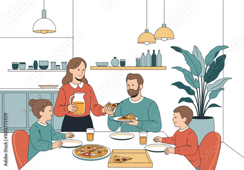 Adobe illustrator artwork vector illustration. A family of four—father, mother, and two children—happily eating pizza together at a dining table. Cozy and heartwarming home scene