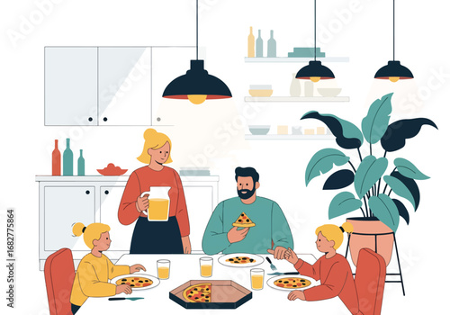 Adobe illustrator artwork vector illustration. A family of four—father, mother, and two children—happily eating pizza together at a dining table. Cozy and heartwarming home scene