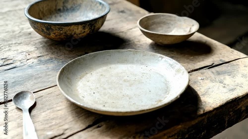 Empty ceramic bowls and a spoon on a worn wooden table, conveying scarcity, deprivation, and the absence of sustenance, highlighting need and lack of resources