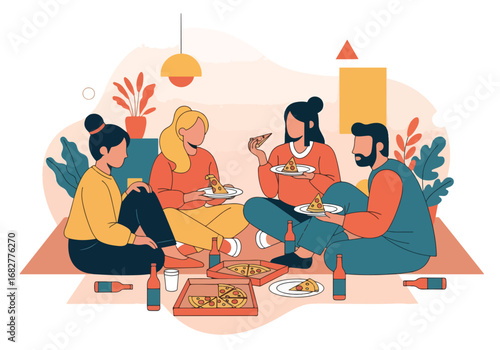 Adobe illustrator artwork vector illustration. A group of four diverse friends casually sitting on the floor, enjoying pizza and drinks together. Relaxed and joyful social gathering