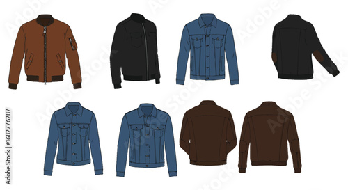 Collection of various jackets in different colors and styles on white background