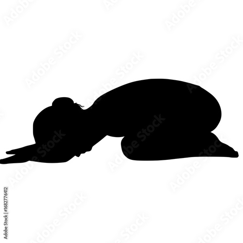 Realistic Female Child’s Pose Silhouette, Woman Balasana Black Vector, Female Yoga Resting Clipart