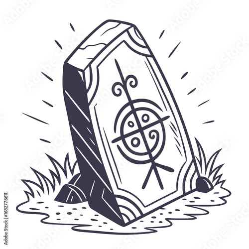 Stylized Stone Tombstone with Rune Symbol Decorative Design and Grass.