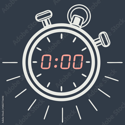 Stylized Stopwatch Illustration Displaying Zero Time with Radiating Lines.