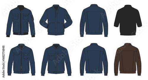 Collection of various blue and brown jackets from different angles and colors