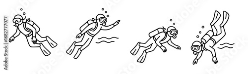 Four vector drawings of a diver in the sea