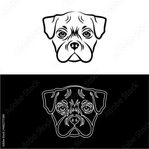 Symmetrical Boxer dog face portrait in a clean line art style, black and white vector illustration set for a pet-related logo or emblem