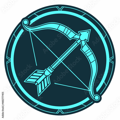 Vibrant cyan bow and arrow crossed within a dark teal circular emblem featuring a stylized design and intricate outline details.