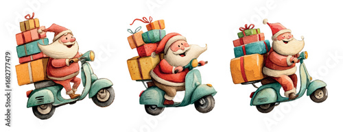 Watercolor set of Santa Claus carrying gifts on a motorbike. Santa Claus delivers Christmas gifts on a motorbike. Concept of delivery, Christmas gifts, etc. Vector illustration.