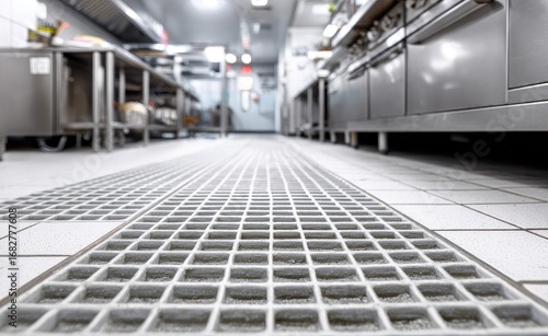 Commercial kitchen floor with gridded drain