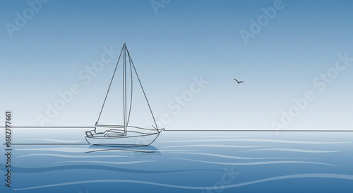 Sailboat and seagull on calm blue ocean waters under clear sky