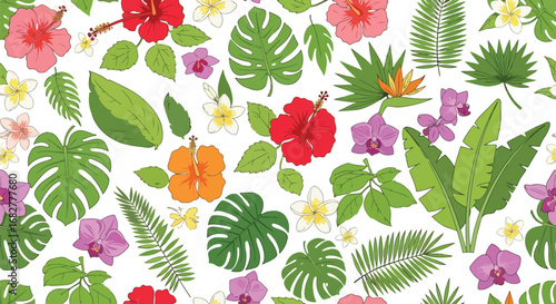Adobe illustrator artwork vector illustration. A vibrant, seamless tropical pattern featuring lush monstera, palm, and banana leaves, with exotic hibiscus and bird of paradise flowers