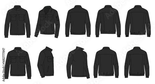 Black jacket silhouettes in various views and angles on white background