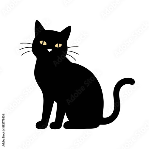 Vector art of a sleek black cat sits gracefully, its yellow eyes gleaming against an