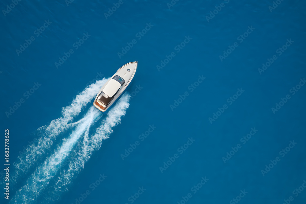 Naklejka premium Speedboat racing across the Mediterranean blue